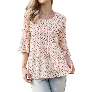 INSPIRE CHIC Women's Chiffon Floral Design Ruffled 3/4 Sleeve Round Neck Casual Blouse - 1 of 4