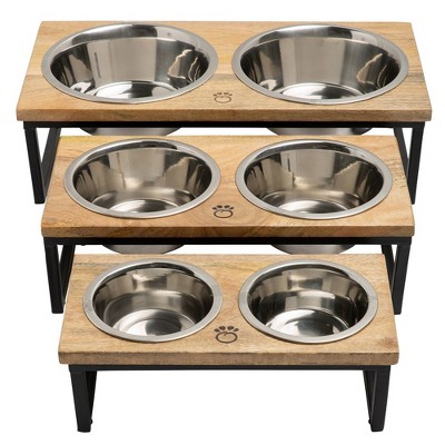 Elevated Mango Wood and Stainless Steel Pet Feeder