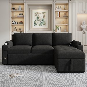 84"W Upholstered L-shaped Sofa Couch Convertible Sofa Bed Sectional Sofa with 2 Cup Holders, 2 USB Ports and Storage Space, Beige/Black/Gray-ModernLux - 1 of 4