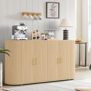 63" Modern Sideboard Buffet Cabinet, Fluted Accent Adjustable Shelves & Durable Wood Feet, Oak Finish Coffee Console for Living Room, Kitchen - 1 of 4