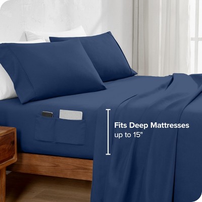 Dark Blue Microfiber Full Fitted Sheet with Dual Pockets