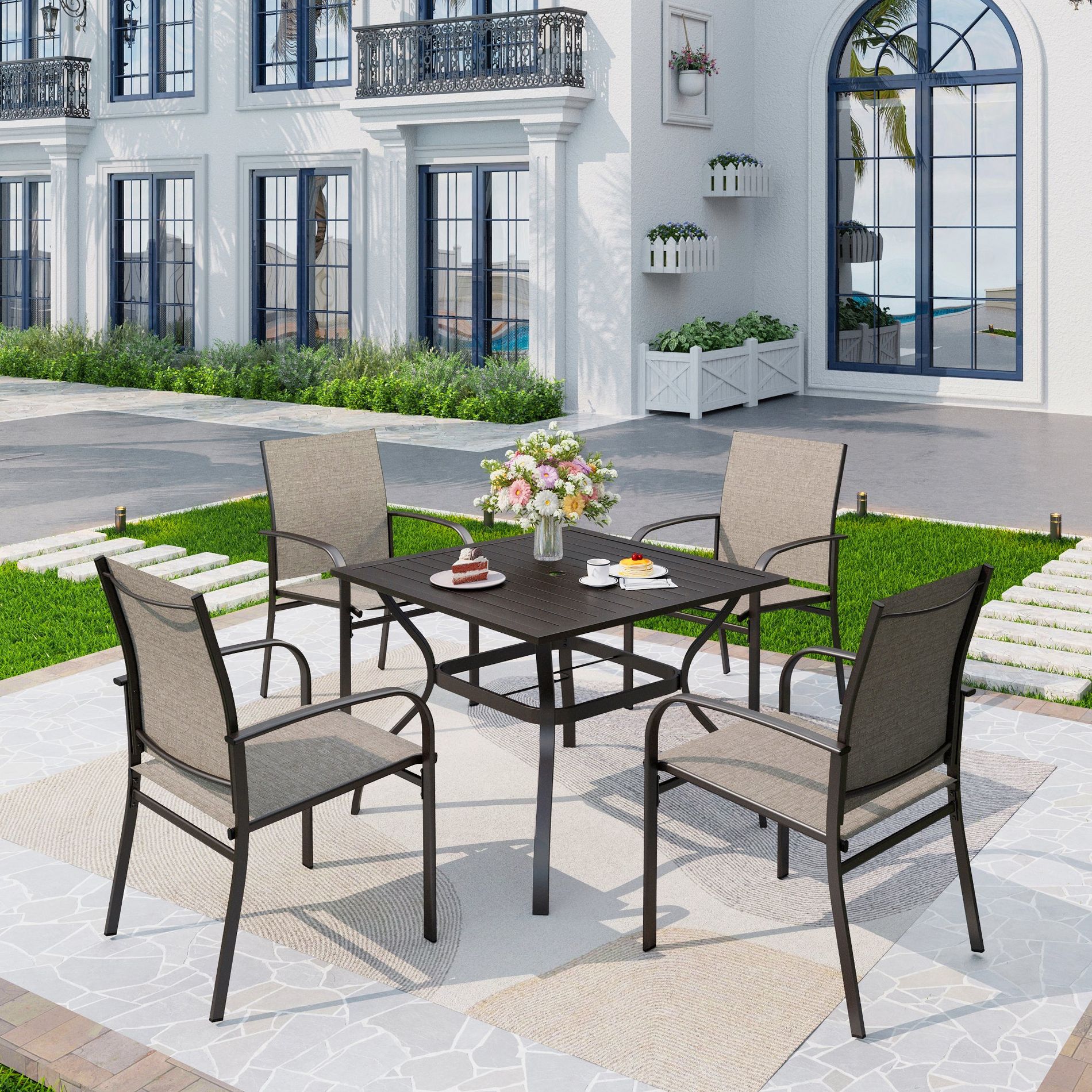 Captiva Designs 5pc Patio Dining Set with Black Square Slat-top Square Table & Light Brown Sling Fixed Chairs
