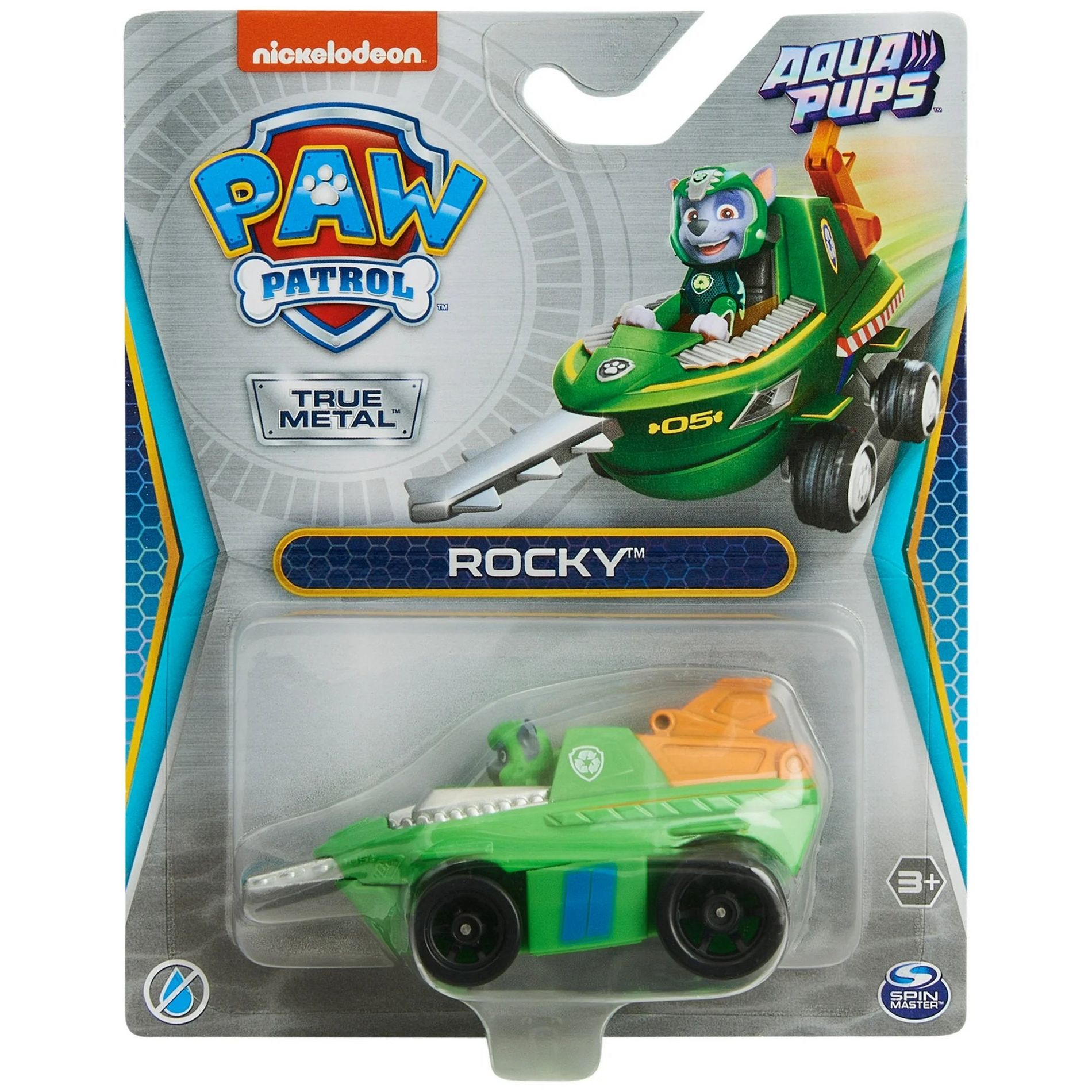 PAW Patrol True Metal Aqua Pups Rocky 1:55 Die-Cast Vehicle, Green Ocean-Themed Rescue Toy Car with Working Wheels for Kids Ages 3 and Up