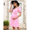 Maternity V Neck Swiss Dot Dress Summer Casual Short Sleeve Flowy Midi Dress Belt Photoshoot Baby Shower Pink L - 4 of 4