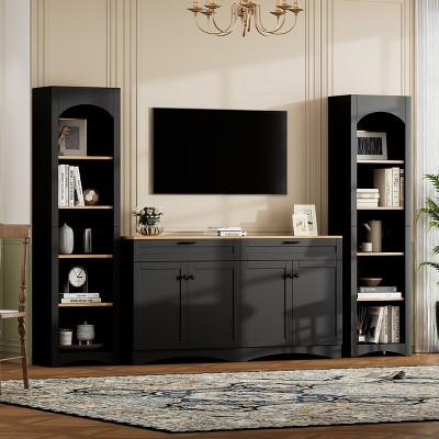 3-Piece TV Consoles Set,Farmhouse TV Console With Bookshelf,Sideboard With Adjustable Shelves,TV Console With Storage For 70" TV-Cuddlewood