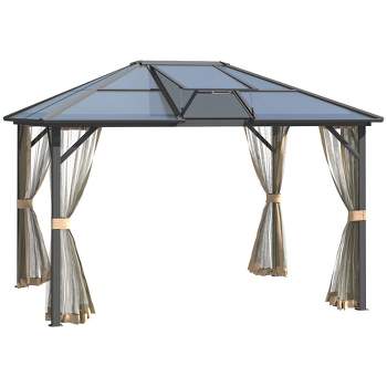 Outsunny Hardtop Polycarbonate Gazebo Canopy Aluminum Frame Pergola with Top Vent and Netting for Garden, Patio, Grey