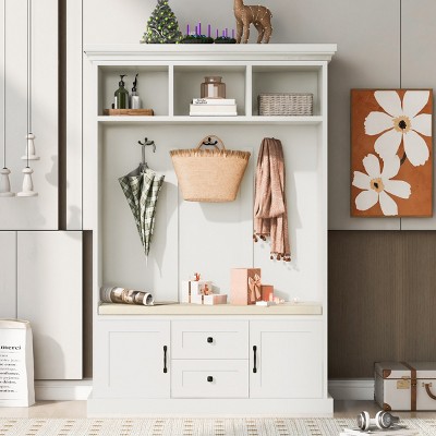 FURNIinspire Hall Trees Clothes Rack With 3 Hooks , Drawer, Coat Hanger, Entryway Bench, Storage Bench For Entrance, Hallway, White, 15.7"*47.2"*70.9"