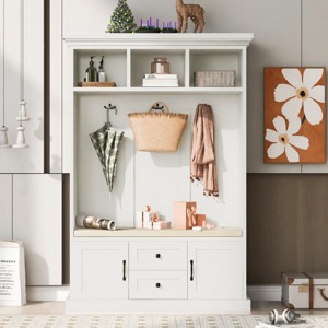 FURNIinspire Hall Trees Clothes Rack With 3 Hooks , Drawer, Coat Hanger, Entryway Bench, Storage Bench For Entrance, Hallway, White, 15.7"*47.2"*70.9" - 1 of 4