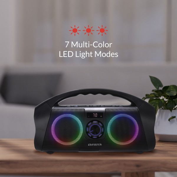 Altavoz portátil Bluetooth Aiwa con iluminación LED multicolor y pantalla digital, resistente al agua IPX7 6