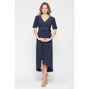 Hello Miz Women's Hi-Low Short Sleeve V Neck Maternity Wrap Dress with Belt - 1 of 4