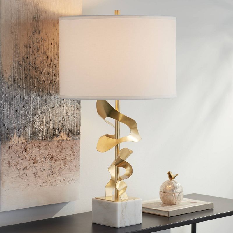 Possini Euro Design Cleo 28 1/2" Tall Abstract Sculpture Modern Glam End Table Lamp Gold Marble Metal Single White Shade Living Room Bedroom Bedside, 2 of 10