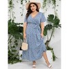 Plus Size Women's Flowy Tiered Maxi Dress - V-Neck, Short Sleeve & Waist Tie with Floral Print - 2 of 4