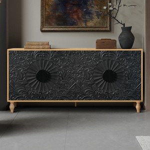 VYNXARIA Black Carved TV Stand Storage Cabinet with Wood-Colored Frame for Living Room and Entryway - 1 of 4