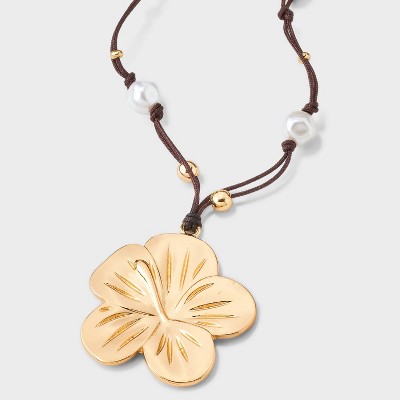 Woven Cord Pearl and Floral Pendant Necklace - Wild Fable™ Gold