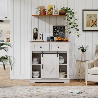 MOEPISY 39 inch Sliding Barn Door Buffet Sideboard Storage Cabinet, Ancient White