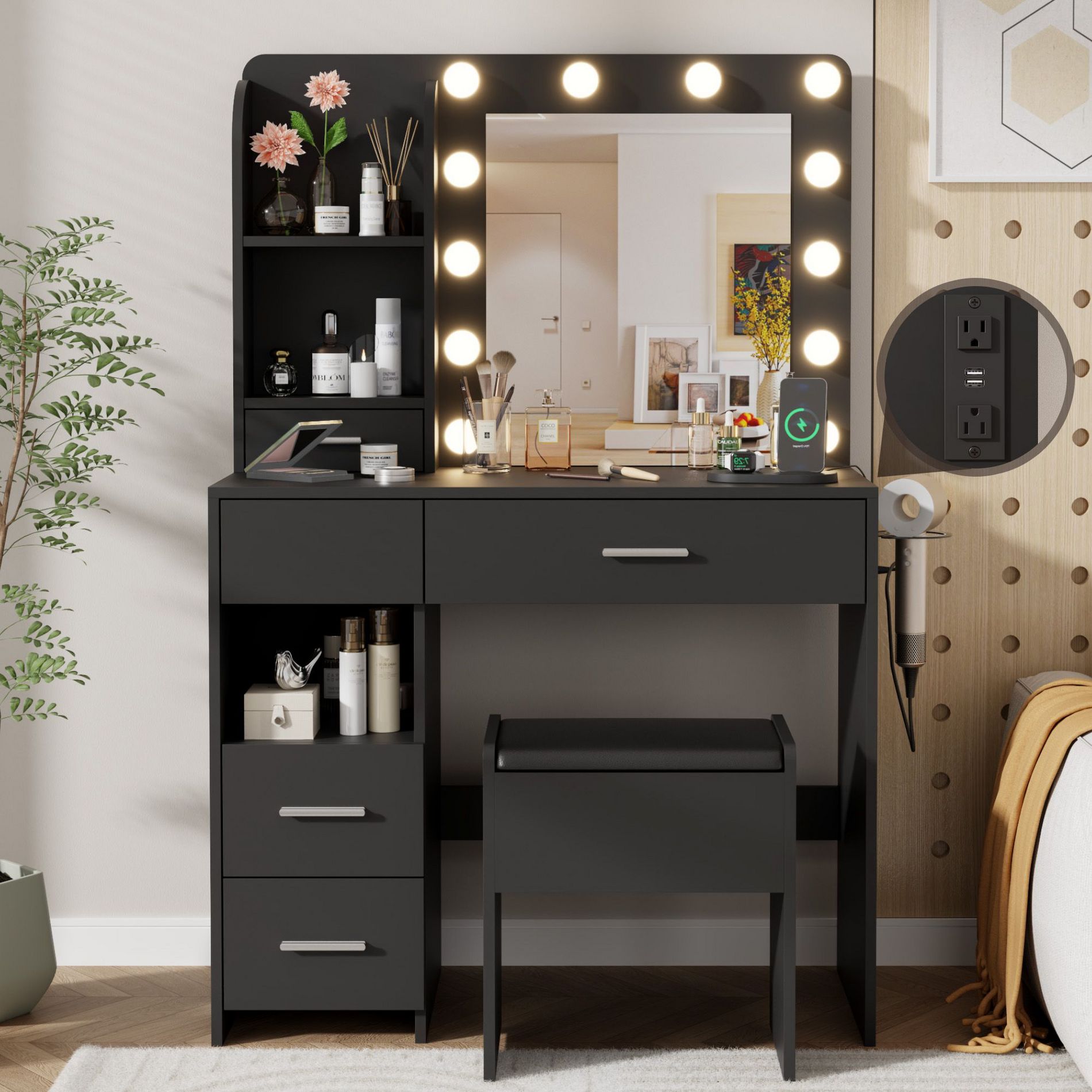 Vanity Desk with LED Lighted Mirror, 3 Lighting Colors Makeup Vanity Desk with 5 Large Drawers and 3 Storage Shelves