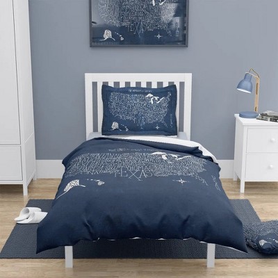 Hand Lettered US Map Blue Cotton King Duvet Cover