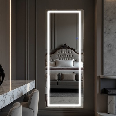 MAYEERTY Full Body Rectangle Corner Aluminum Alloy Framless Rounded Mirror with Stand for Living Room Bedroom White