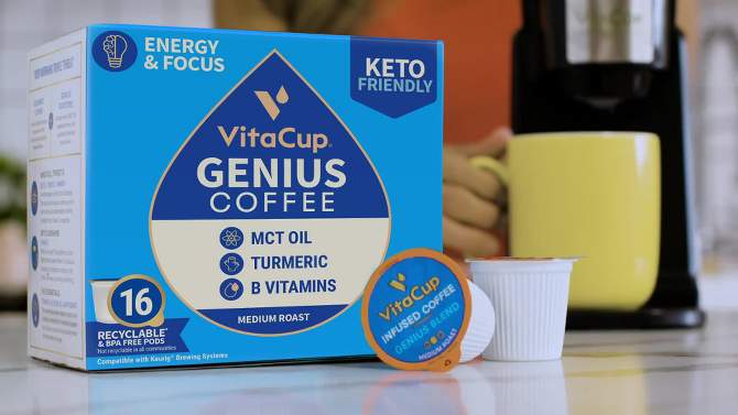 VitaCup Genius Ground Coffee w/ KETO MCT Oil, Turmeric, &#38; B Vitamins (Energy &#38; Focus) Medium Roast - 10oz, 2 of 9, play video