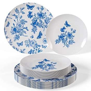 Trendables 40 Pieces Plastic Disposable Wedding Plate Set - 40 x 8" and 40 x 10" White & Blue Floral Design plates - Services for 20