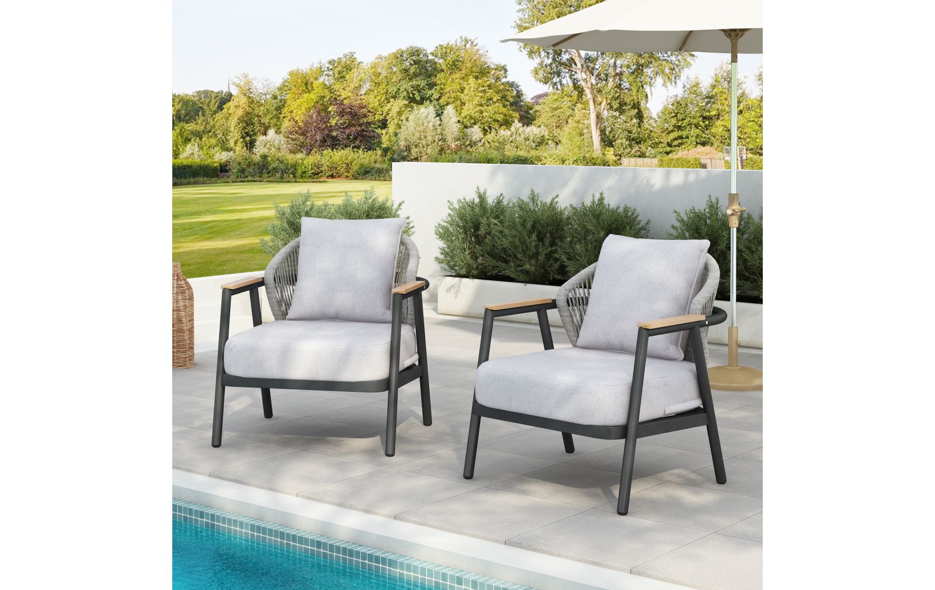 Set of 2 Outdoor Chair with Rope Back & Plastic Wood Arms, Iron Frame Lounge Chair with White Cushion for Patio or Garden-Baofuwish