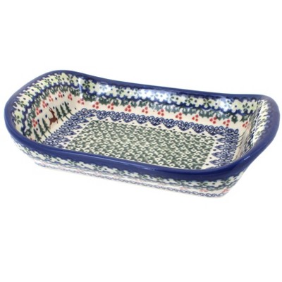 Blue Rose Polish Pottery Reindeer Delight Medium Tray with Handles