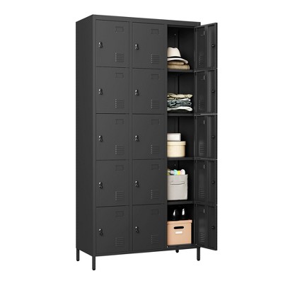Munora - 72" 15-Door Metal Locker Storage Cabinet - Lockable for Office/School/Gym - Black
