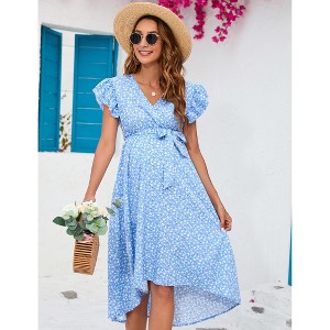 Women's Maternity Dress Wrap V Neck Ruffle Sleeveless Dress Casual Flowy Nursing Midi Dress with Belted for Babyshower Photoshop - 1 of 4