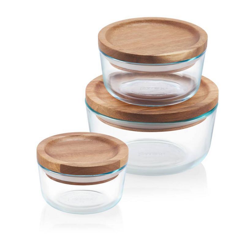 Pyrex 6pc Glass Round Food Storage Container Set with Wooden Lids, 5 of 9