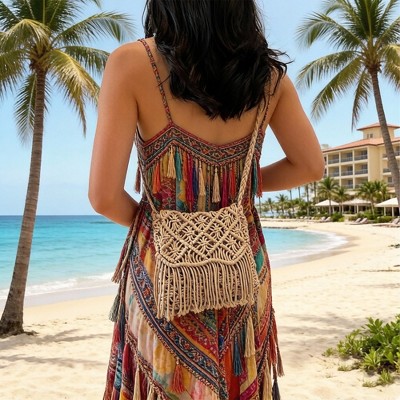 Сумки Alilang Macrame Fringe Shoulder Bag Knotted Rope Crossbody Handbag Boho Woven Tassel Bag Lightweight Handmade Style Purse - Khaki — фото 5