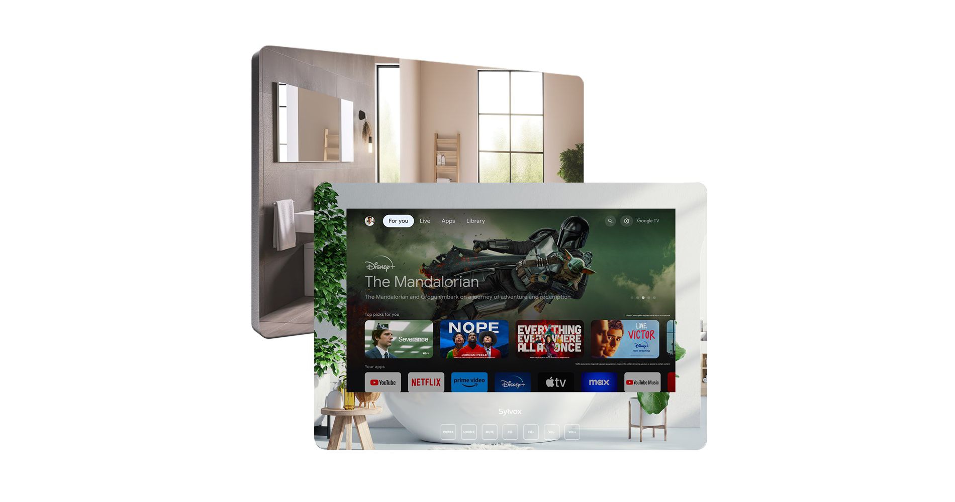 SYLVOX 24" Smart Mirror TV for Bathroom, 1080P Newest Google TV Support Google Assistant, IP65 Waterproof TV for Bathroom Shower & SPA (Wall Mount)