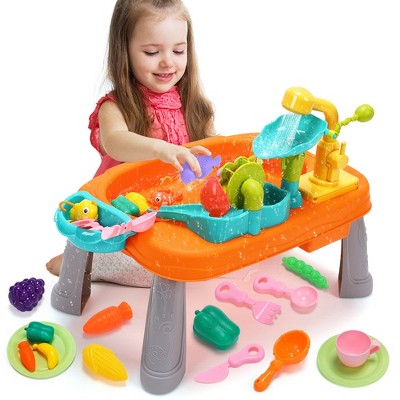 Skirfy 38PCS Play Sink with Running Water with Electric Faucet, Play Food, Fishing Game, Mini Water Table Indoor & Outdoor