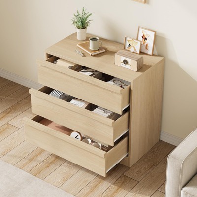 Open-top dresser with five pull-out drawers showing organization inside