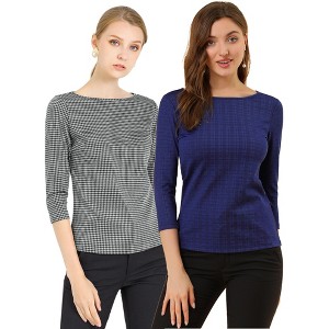 INSPIRE CHIC Women's Work Office 3/4 Sleeve Boat Neck Houndstooth Printed Blouse 2 Packs - 1 of 4