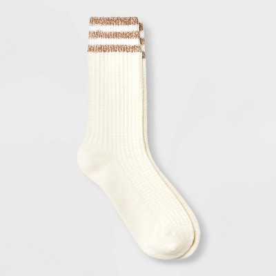 Women's Varsity Striped Waffle Knit Supersoft Crew Boot Socks - Universal Thread™ Ivory 4-10