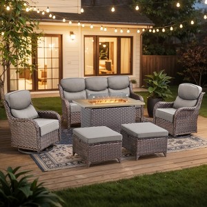 Outdoor Patio Furniture Set with 41" propare  Fire Pit Table - PE Wicker Patio Conversation Sets - 7 Seats Outdoor Sectional Chair Sofa Set - 1 of 4