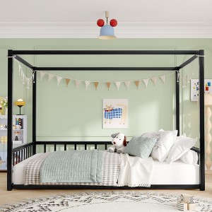 CAVINAS Twin/Full/Queen Size Kid Sunshade Floor Bed,Metal Canopy Toddler Bed Frames,Floor Bed for Kids,Girls&Boys,No Box Spring Needed - 1 of 4