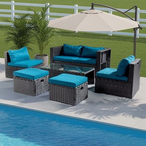 Karl Home Patio 6-Piece Black Wicker Conversation Set with Malachite Green Cushions - 1 of 4