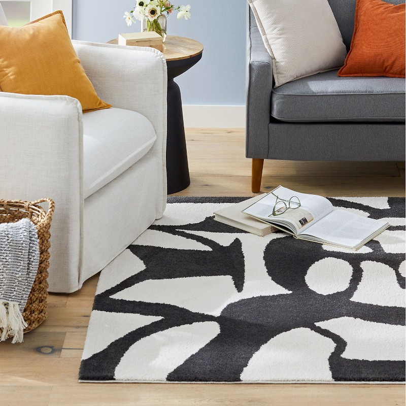 A graphic rug with a distinct pattern is the focal point for a living room with neutral furniture & decor, offsetting the boldness of the rug. Books & eyeglasses lay on the floor & a water glass is on the coffee table, giving a casual, laidback vibe. 
 
