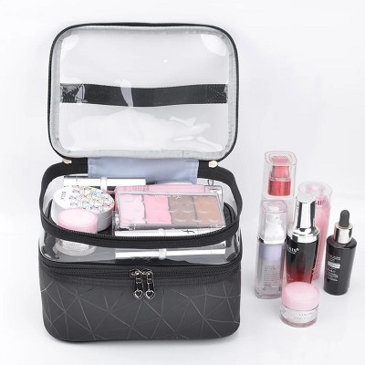 LunaLulinlk Makeup Bag Cosmetic Bag Travelling Double Layer Make Up Bag Organizer Medium Case for Women Girls Reusable Toiletry Bags(Black)