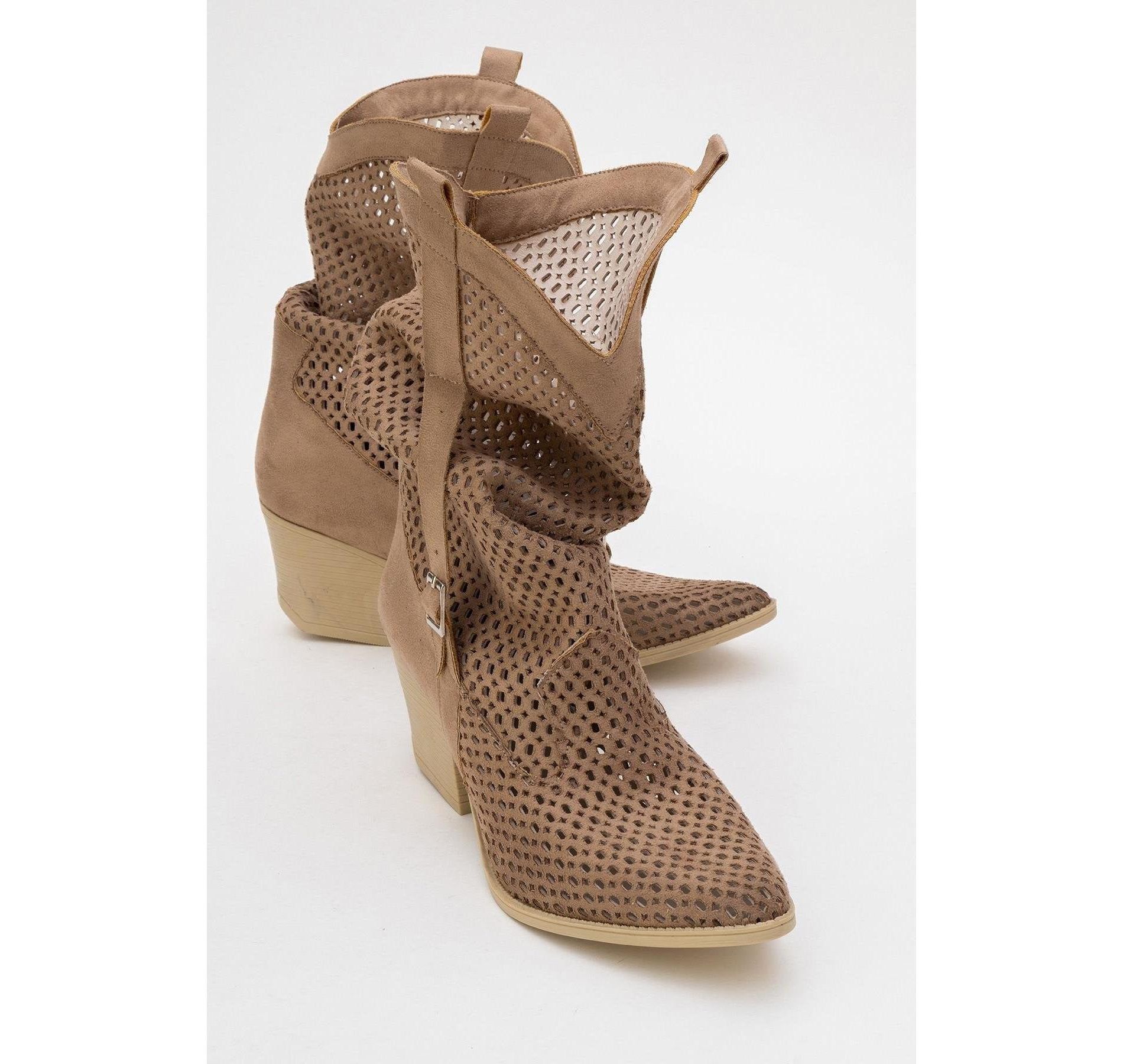 Larry Dark Beige Elasticated Block Heel Boot (Women) | Forever & Always Shoes