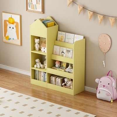 PDTEND Yellow Wooden Kids Bookshelf & Toy Storage Organizer with 6-Compartment Unit