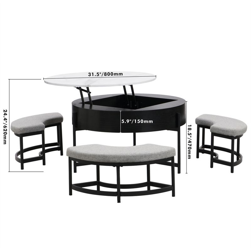 Modern Round Lift-Top Coffee Table with Storage and 3 Ottoman, White+Black-ModernLuxe, 4 of 16