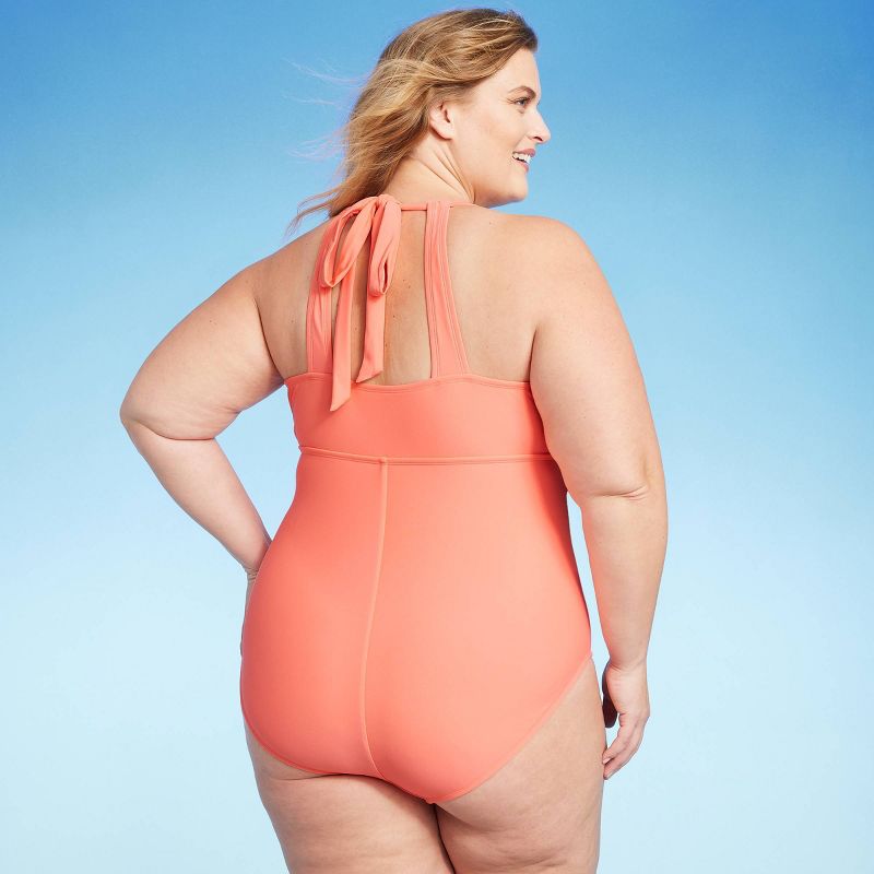 Women's Full Coverage Tummy Control High Neck Halter One Piece Swimsuit - Kona Sol™ Coral Pink, 3 of 5