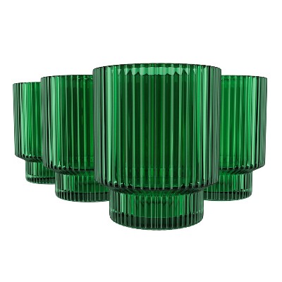 Green Fluted Glass Lowball Cocktail Tumblers Set of 4