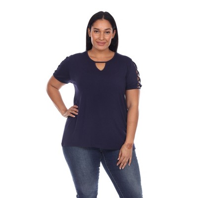Plus Size Keyhole Neck Cutout Short Sleeve Top - White Mark