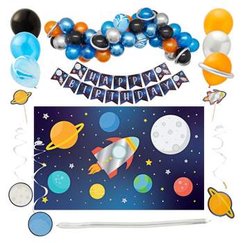 Blue Panda 102 Piece Outer Space Kids Birthday Party Decorations Kits with Backdrop, Banner, Backdrop, Balloons, Swirls, Cupcake Toppers