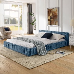 CAVINAS Grounded Upholstered Platform Bed Frame, Chenille Fabric Queen Size Bed Frame with Headboard, Sturdy Bed Frame with Wave Pleated Design - 1 of 4