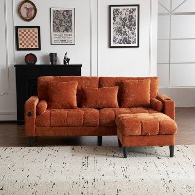 JOYRACER 3 Seat L-Shaped Chenille Sofa with Removable Storage Ottoman, Side Pockets, USB/C-Type Charging Ports & Cup Holder, Couch for Living Room
