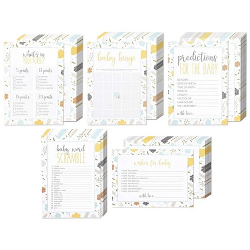 5 Set Baby Shower Game Cards Party Activity Supplies Including Bingo Word Scramble Prediction And Well Wishes Floral Design 50 Guests Target